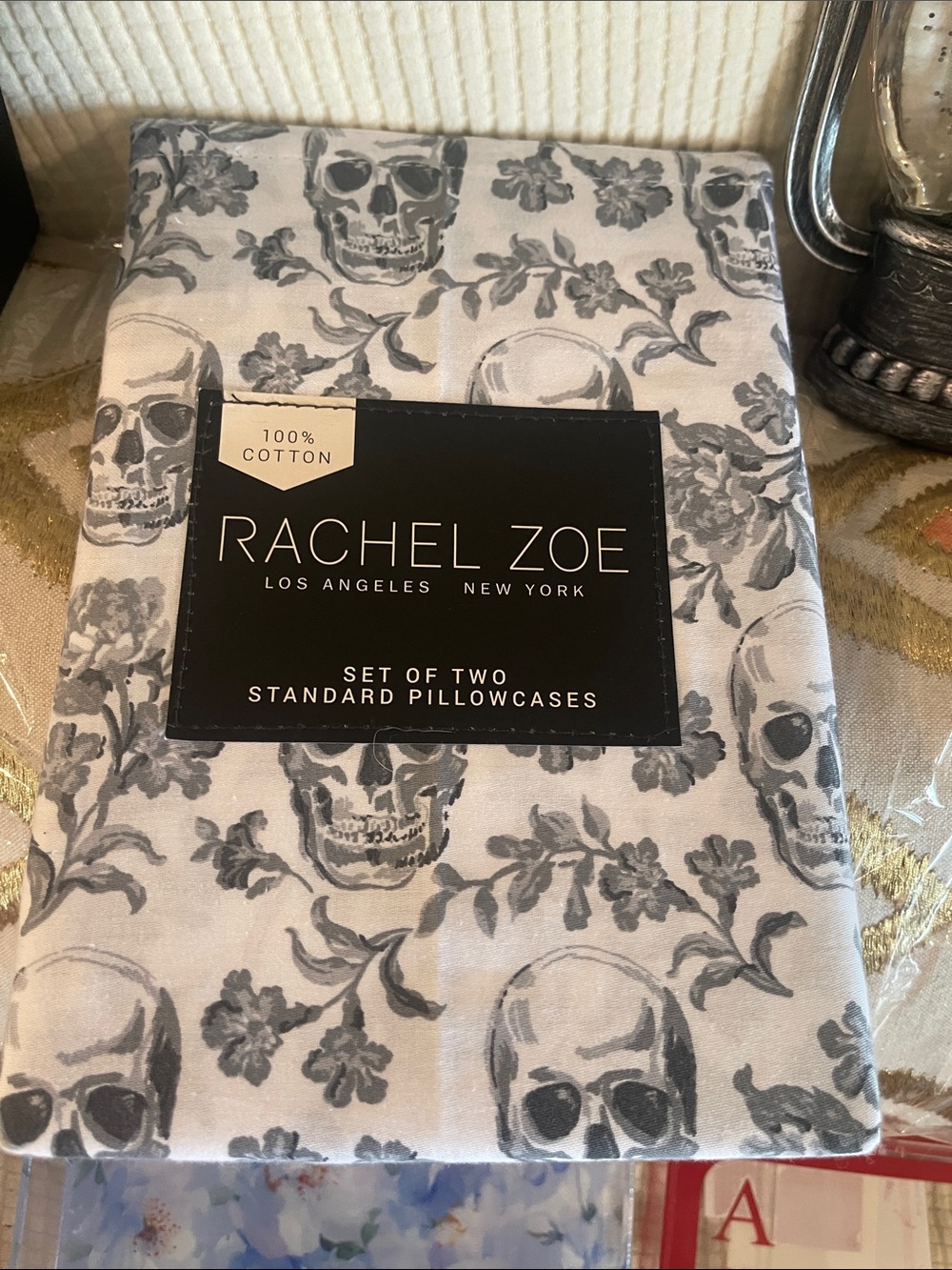 Rachel Zoe Gray and White Skull Print Cotton Pillowcases